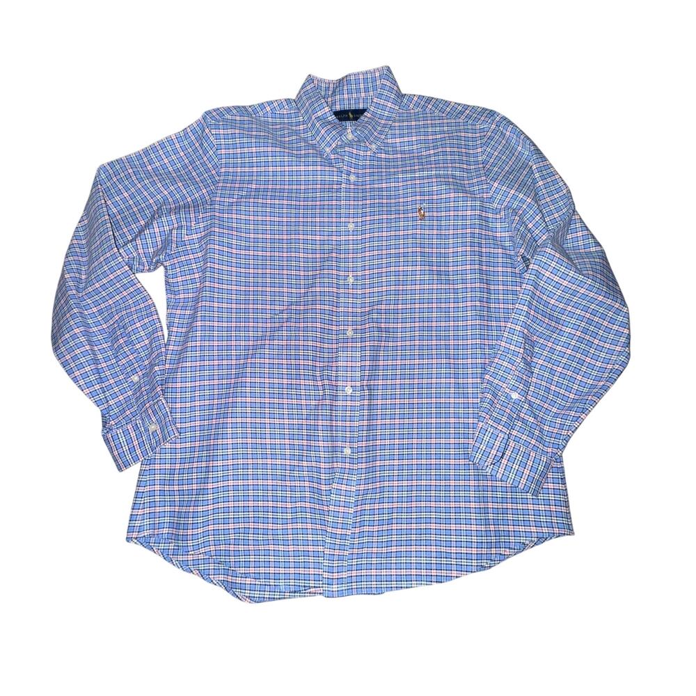Ralph Lauren Button Front Shirt Men's Size XL Blue Plaid L/S Embroidered Pony